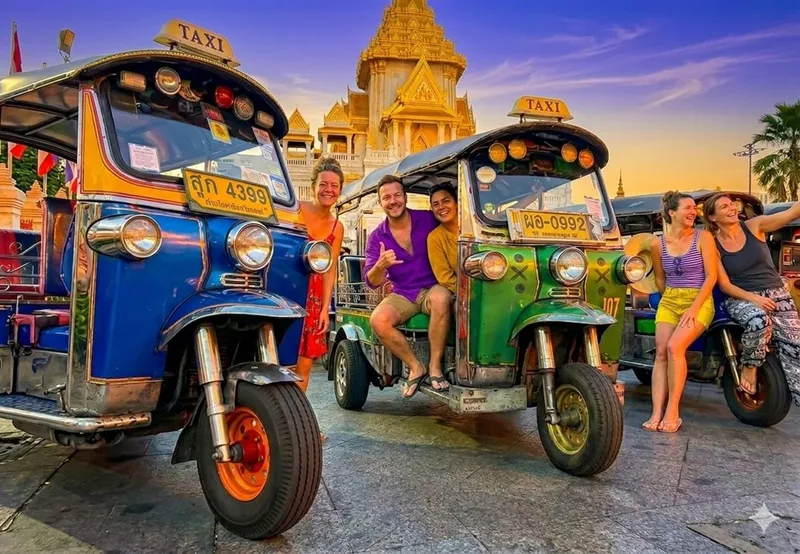 Tuk tuk weaving through Chinatown neon-lit lanes past Michelin-recommended food stalls on a Bangkok Thailand tours tuk tuk food adventure